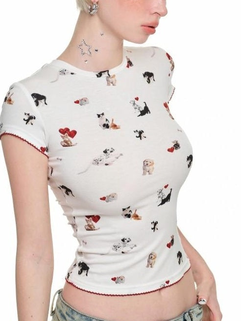 1JINN STUDIO Viscose Stretch Slim Fit Cute Polka Animal Print Women Short Sleeve T-Shirts