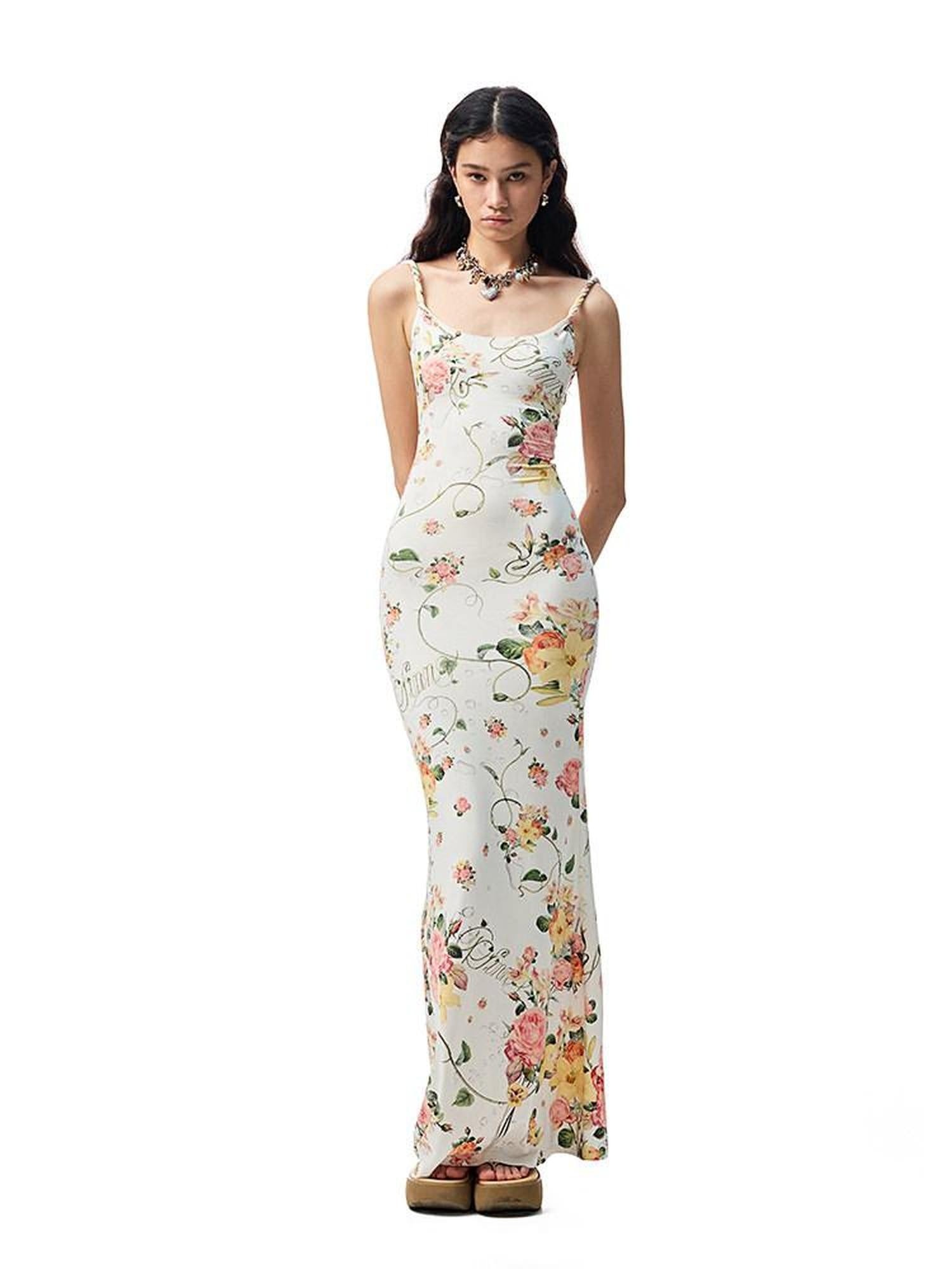1JINN STUDIO Waist Cinch Ins Style Floral Cami Sleeveless Casual Women Viscose Maxi Dresses