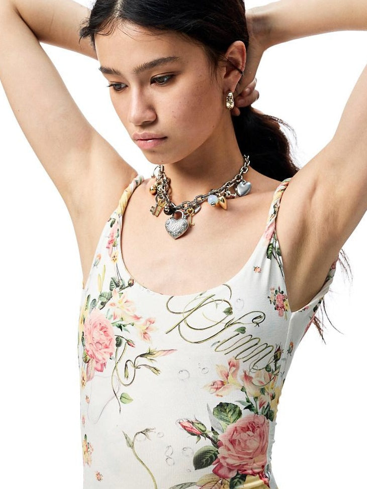 1JINN STUDIO Waist Cinch Ins Style Floral Cami Sleeveless Casual Women Viscose Maxi Dresses