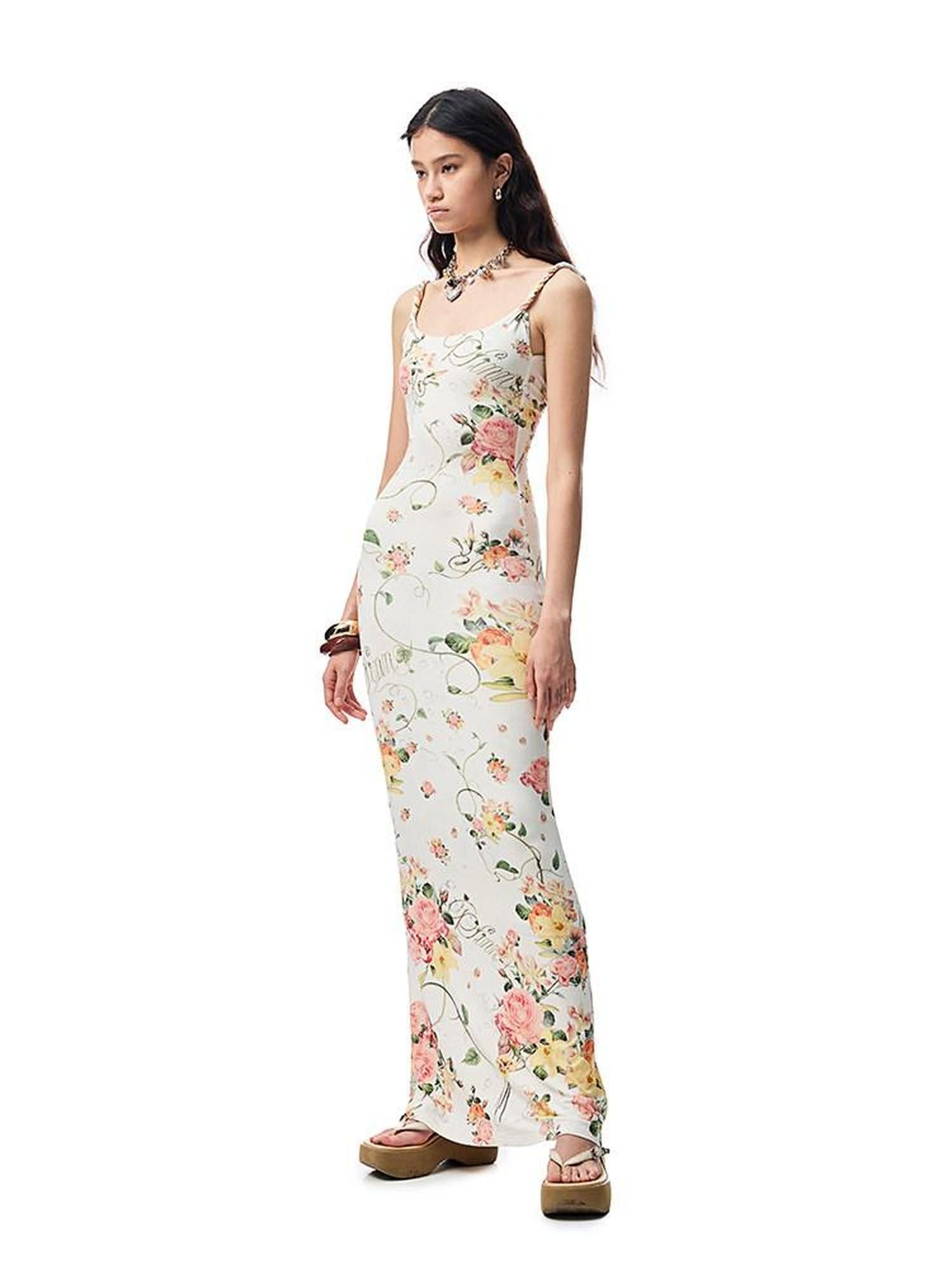 1JINN STUDIO Waist Cinch Ins Style Floral Cami Sleeveless Casual Women Viscose Maxi Dresses