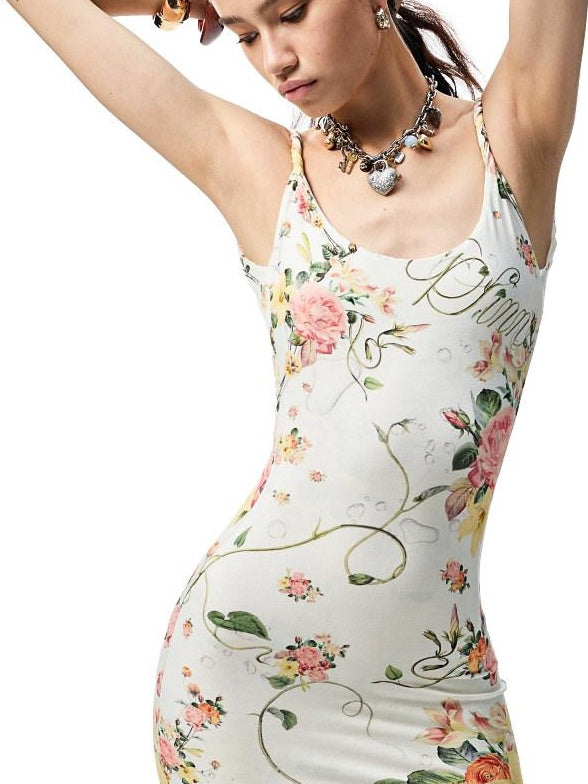 1JINN STUDIO Waist Cinch Ins Style Floral Cami Sleeveless Casual Women Viscose Maxi Dresses