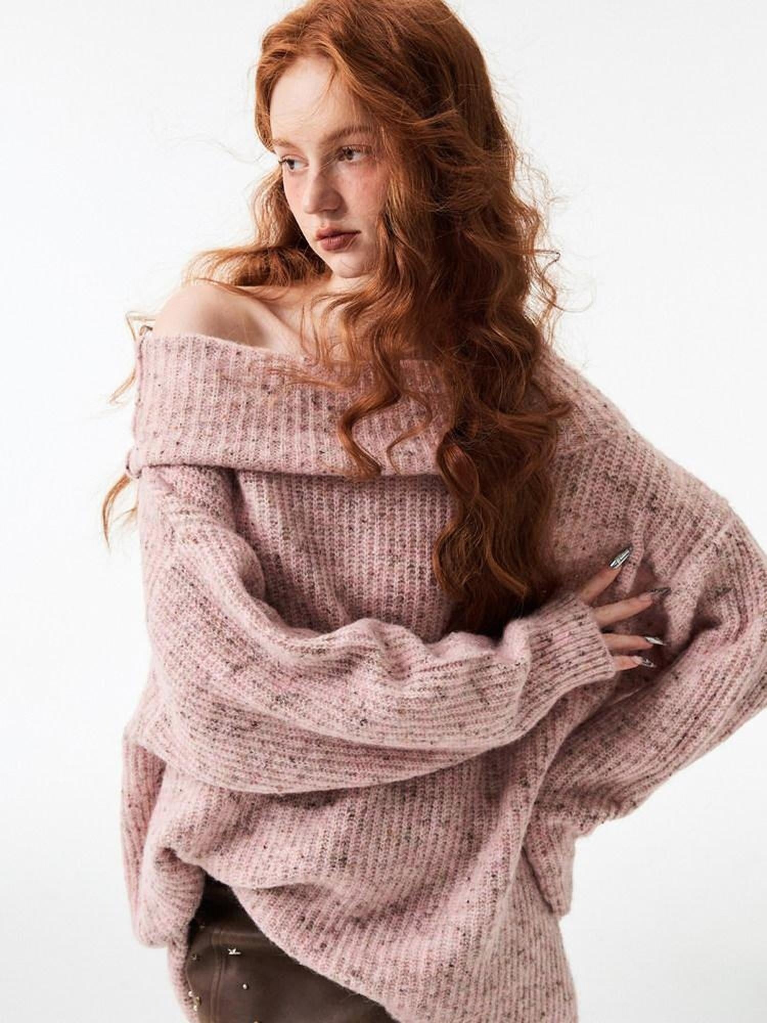 1JINN STUDIO Warm Cozy Off Shoulder Loose Fit Long Sleeve Office Knit Pullover Women Sweaters