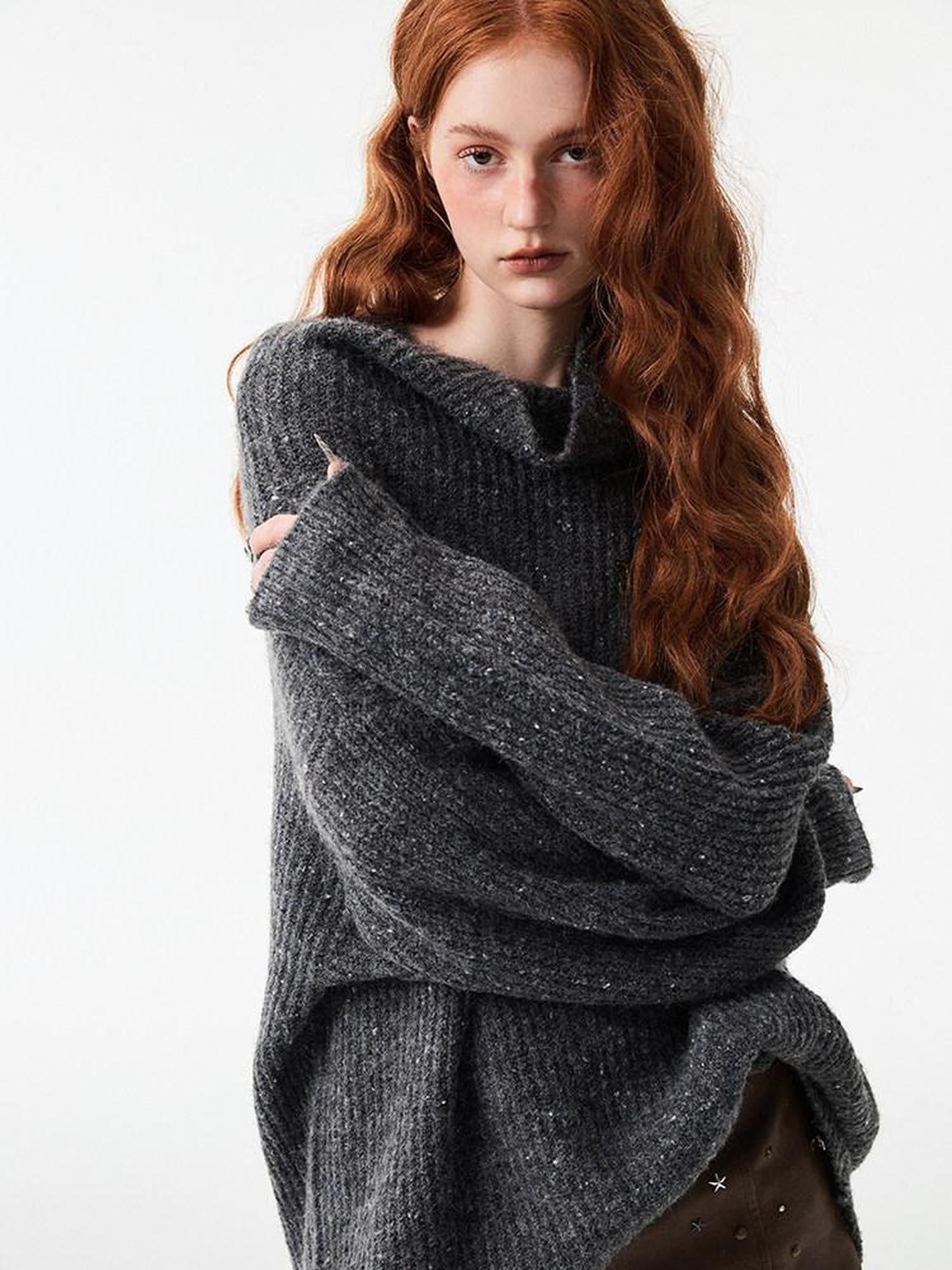 1JINN STUDIO Warm Cozy Off Shoulder Loose Fit Long Sleeve Office Knit Pullover Women Sweaters