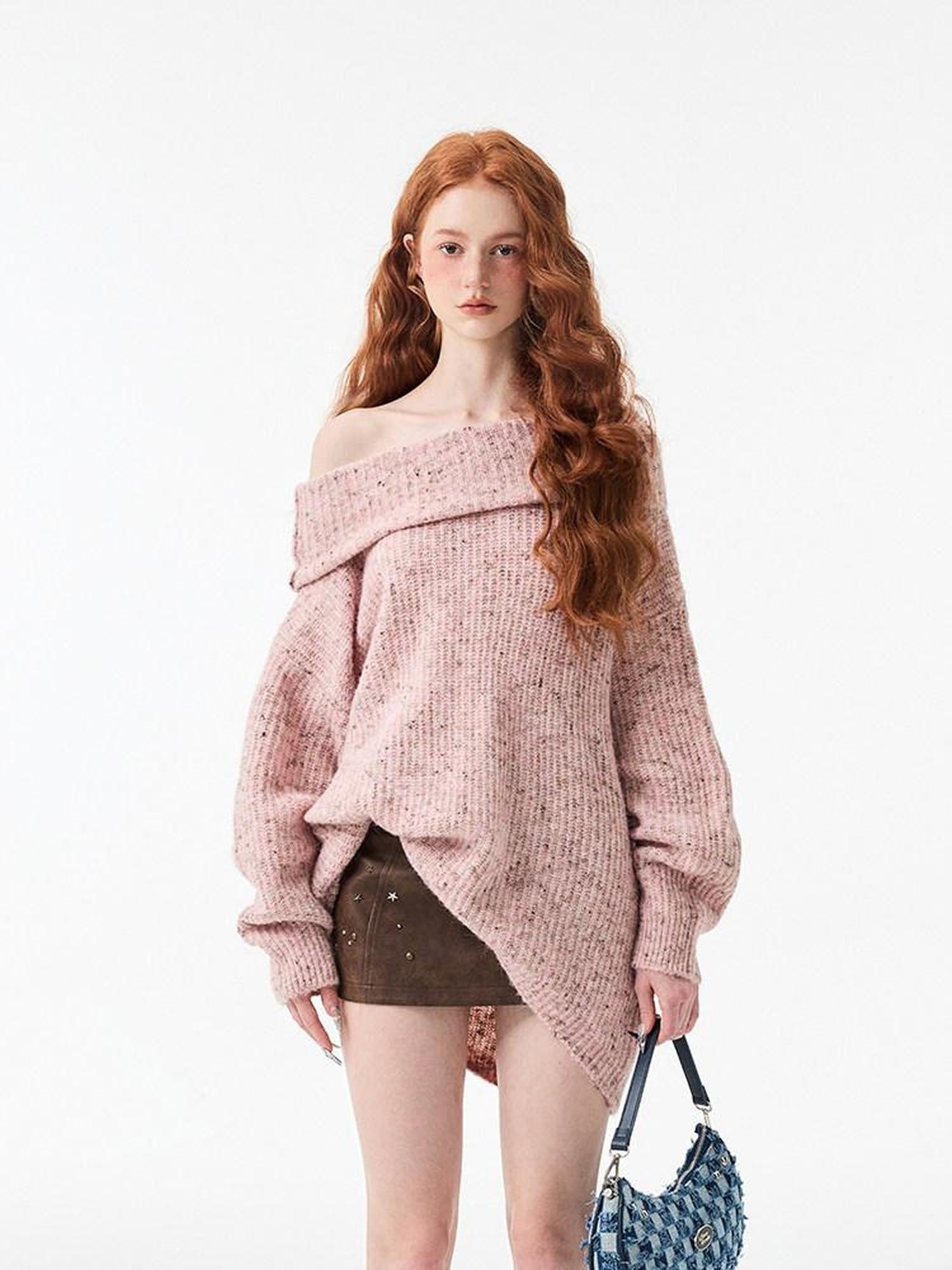 1JINN STUDIO Warm Cozy Off Shoulder Loose Fit Long Sleeve Office Knit Pullover Women Sweaters