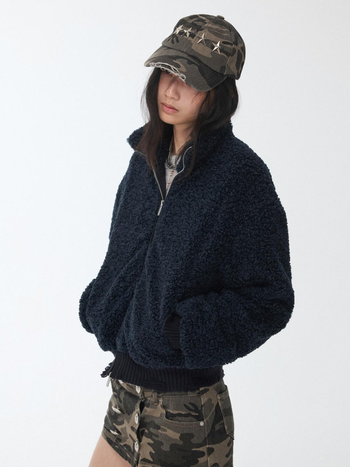 1JINN STUDIO Warm Ribbed Slim Short Stand Collar Polka Dot Button Women Puffer Jackets