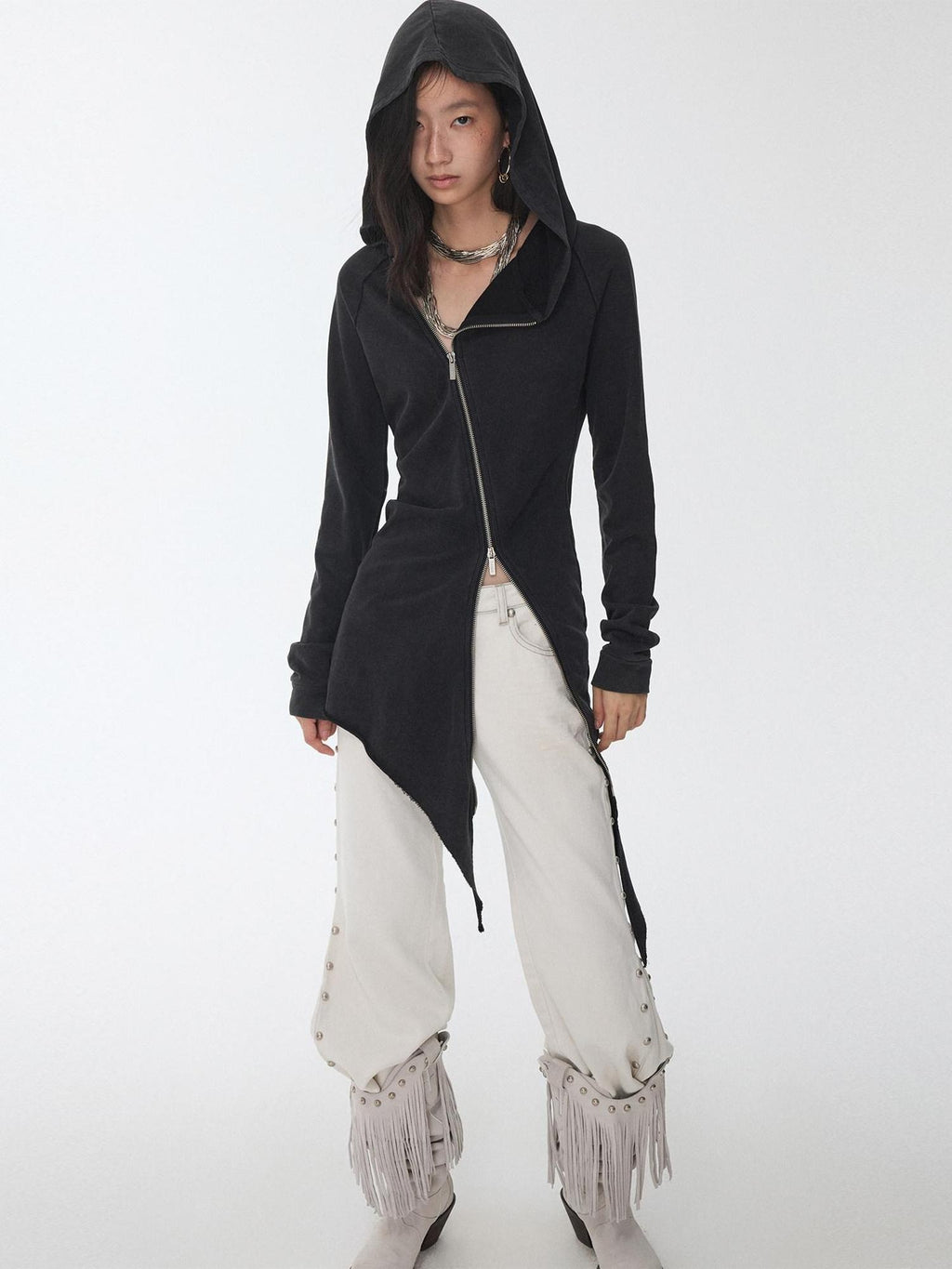 1JINN STUDIO Washed Asymmetric Loose Fit Street Style Womens Cotton Blend Pullover Hoodie