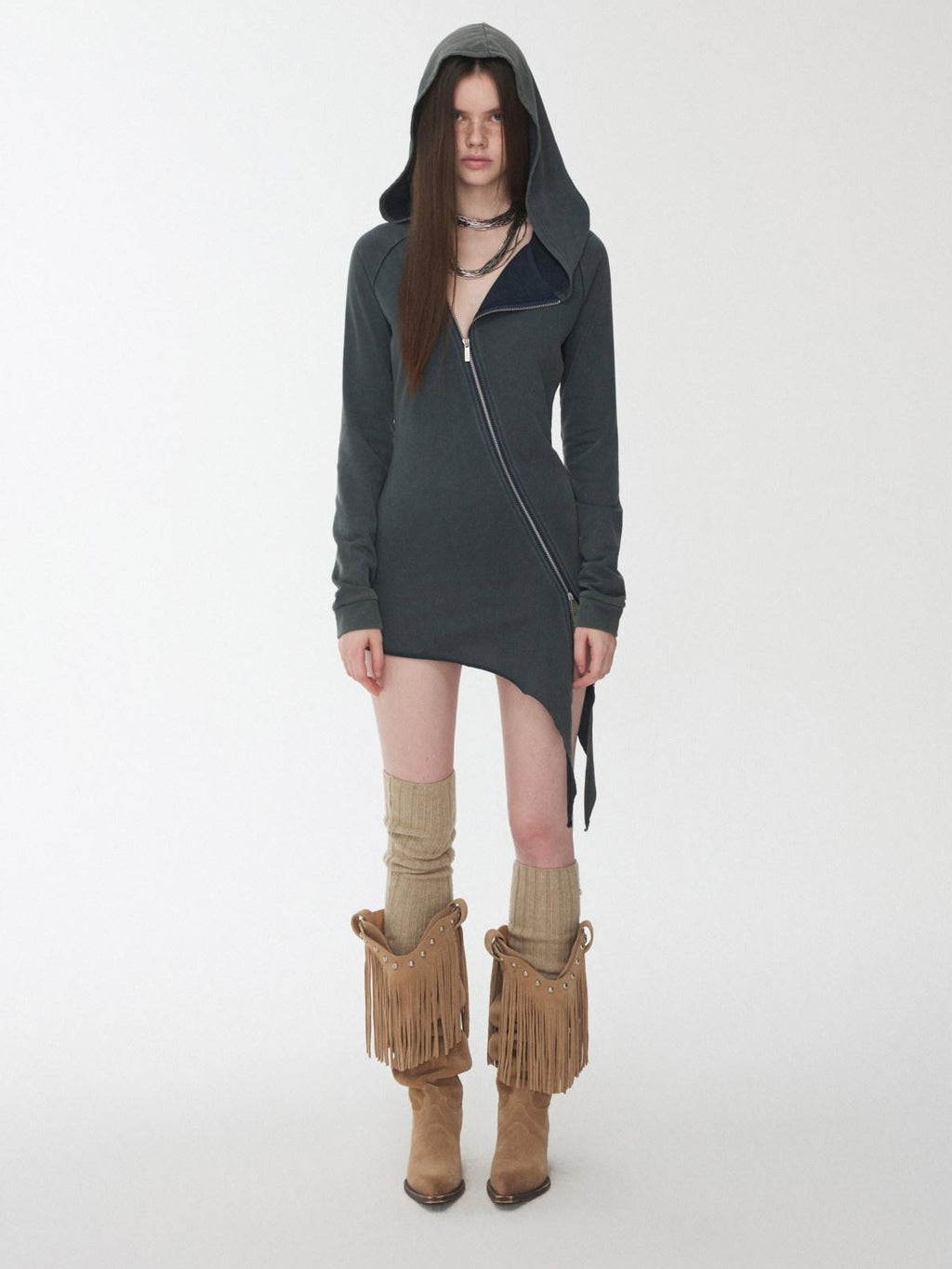 1JINN STUDIO Washed Asymmetric Loose Fit Street Style Womens Cotton Blend Pullover Hoodie