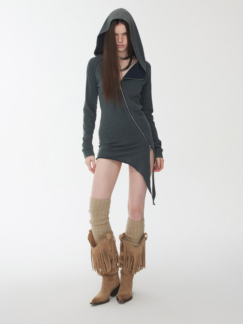 1JINN STUDIO Washed Asymmetric Loose Fit Street Style Womens Cotton Blend Pullover Hoodie
