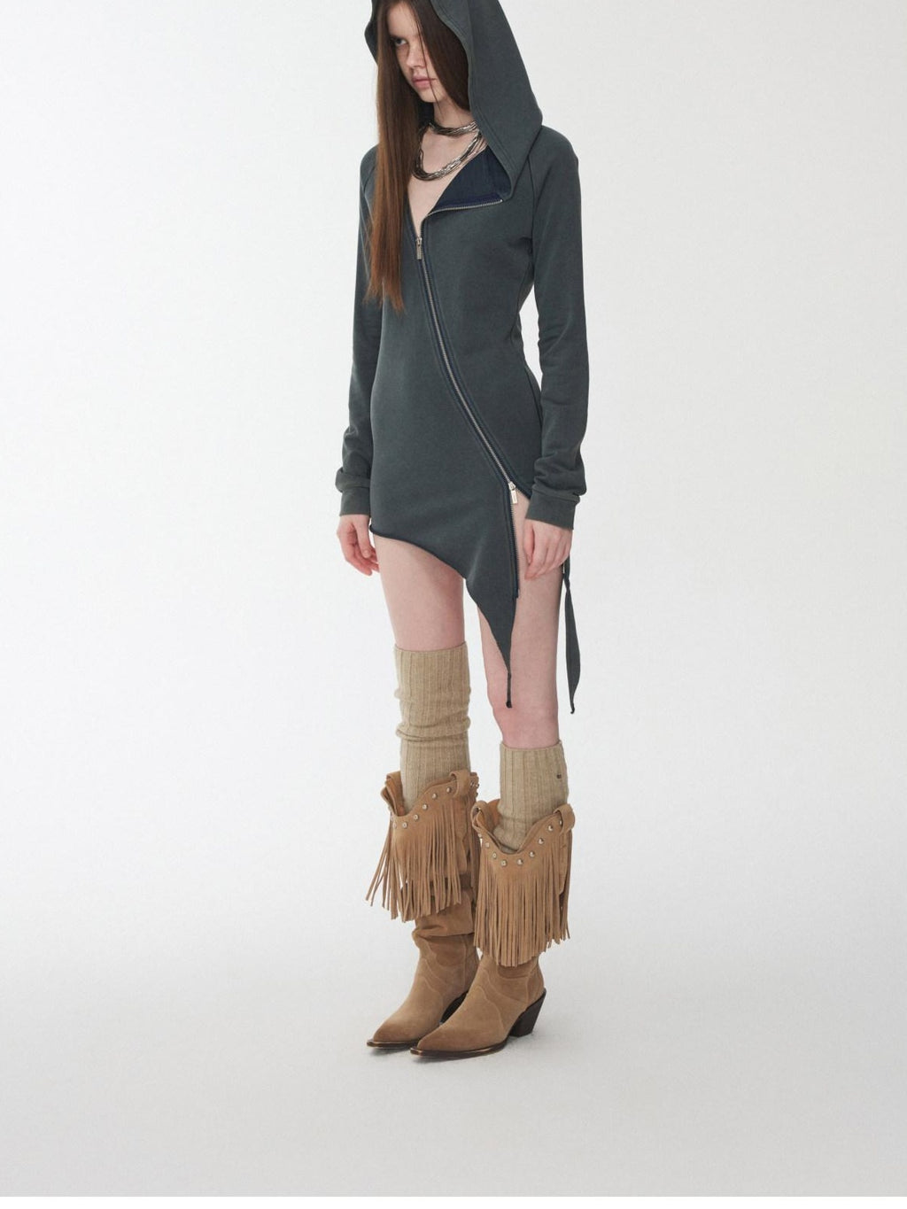 1JINN STUDIO Washed Asymmetric Loose Fit Street Style Womens Cotton Blend Pullover Hoodie