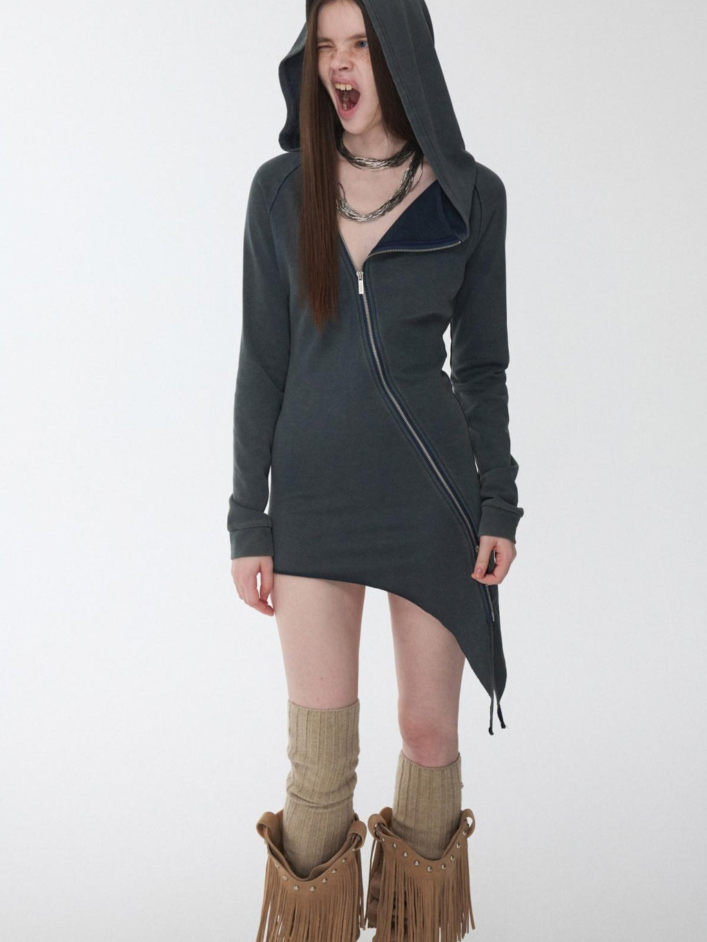 1JINN STUDIO Washed Asymmetric Loose Fit Street Style Womens Cotton Blend Pullover Hoodie
