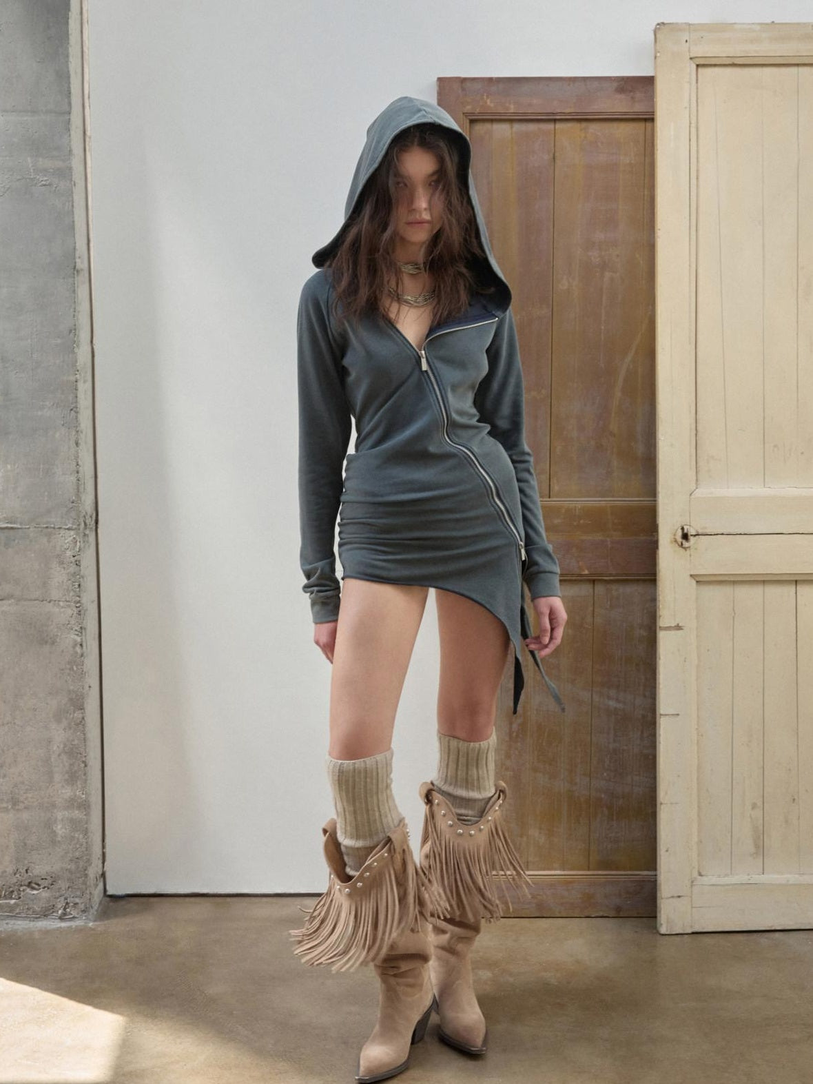 1JINN STUDIO Washed Asymmetric Loose Fit Street Style Womens Cotton Blend Pullover Hoodie