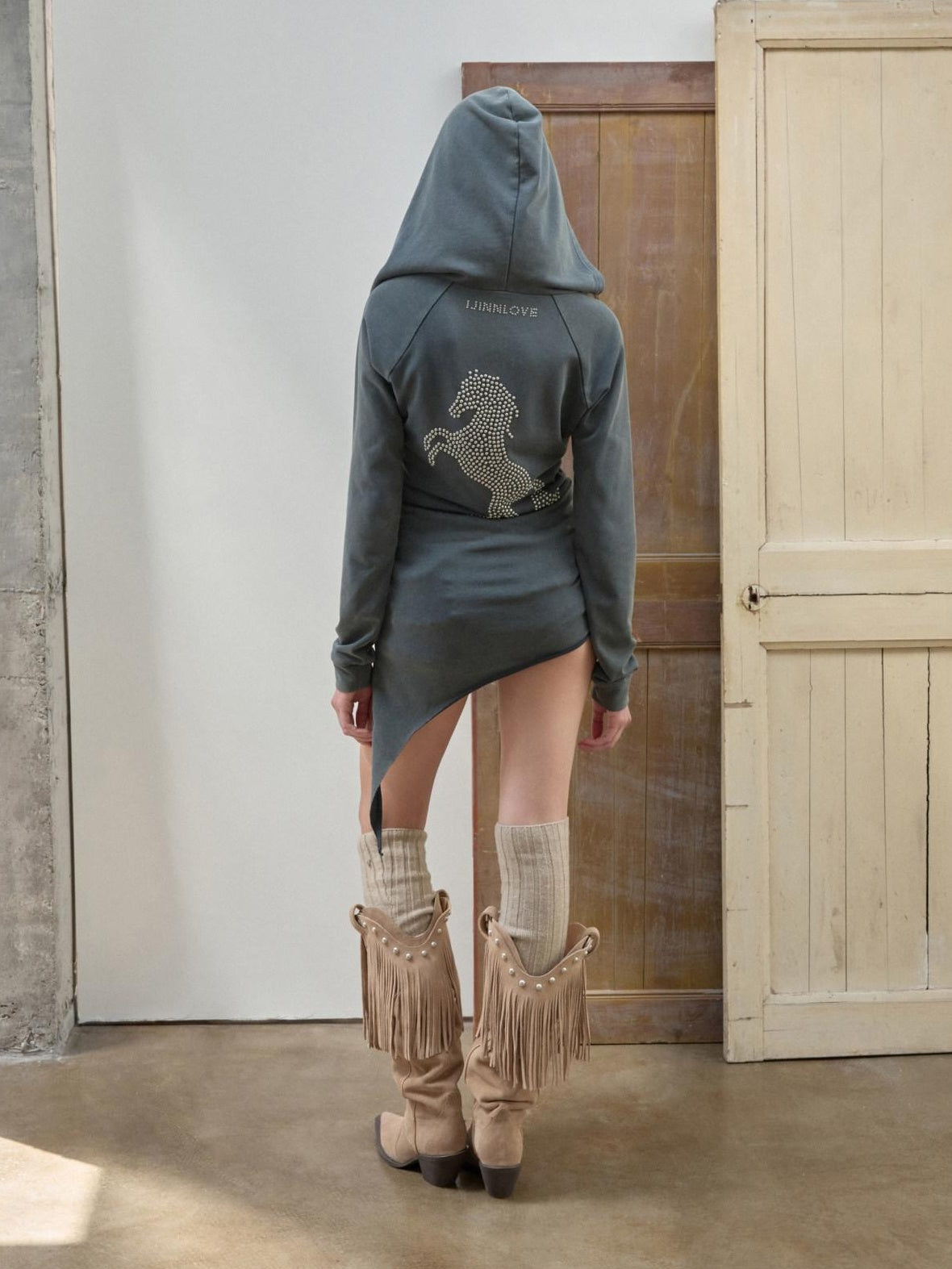 1JINN STUDIO Washed Asymmetric Loose Fit Street Style Womens Cotton Blend Pullover Hoodie