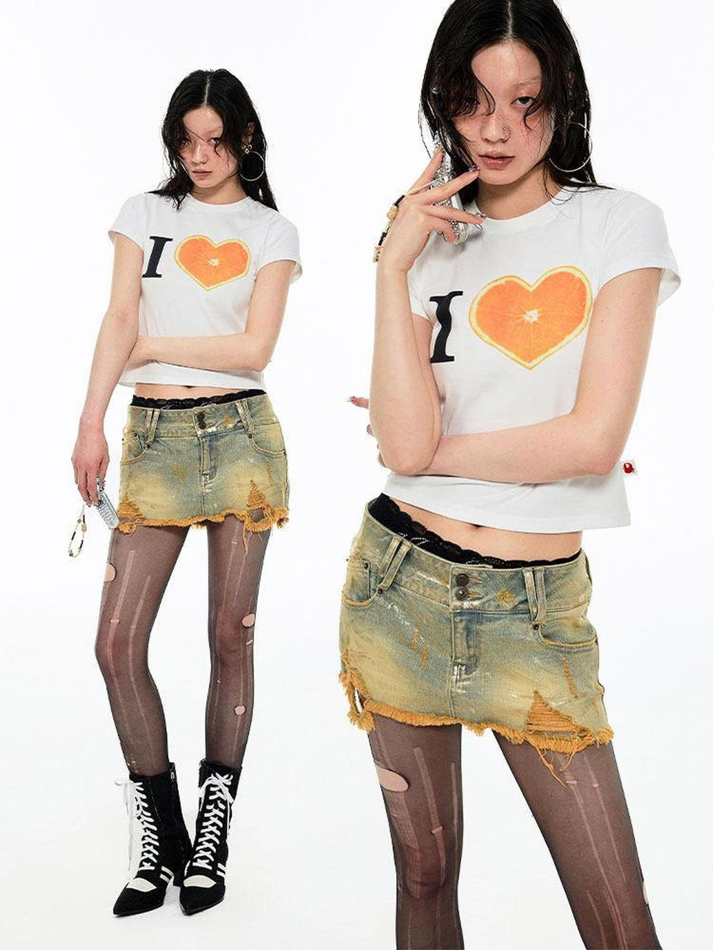 1JINN STUDIO Washed Blue Distressed Low Waist Slim Fit Zipper Women Denim Mini Skirts
