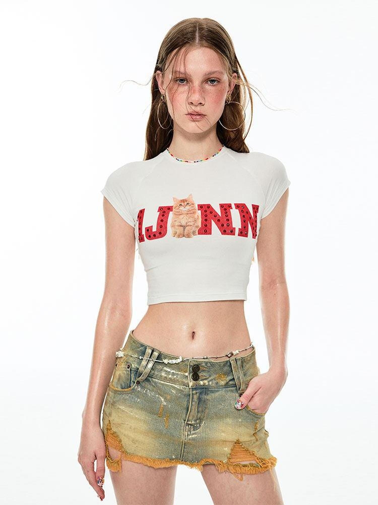 1JINN STUDIO Washed Blue Distressed Low Waist Slim Fit Zipper Women Denim Mini Skirts