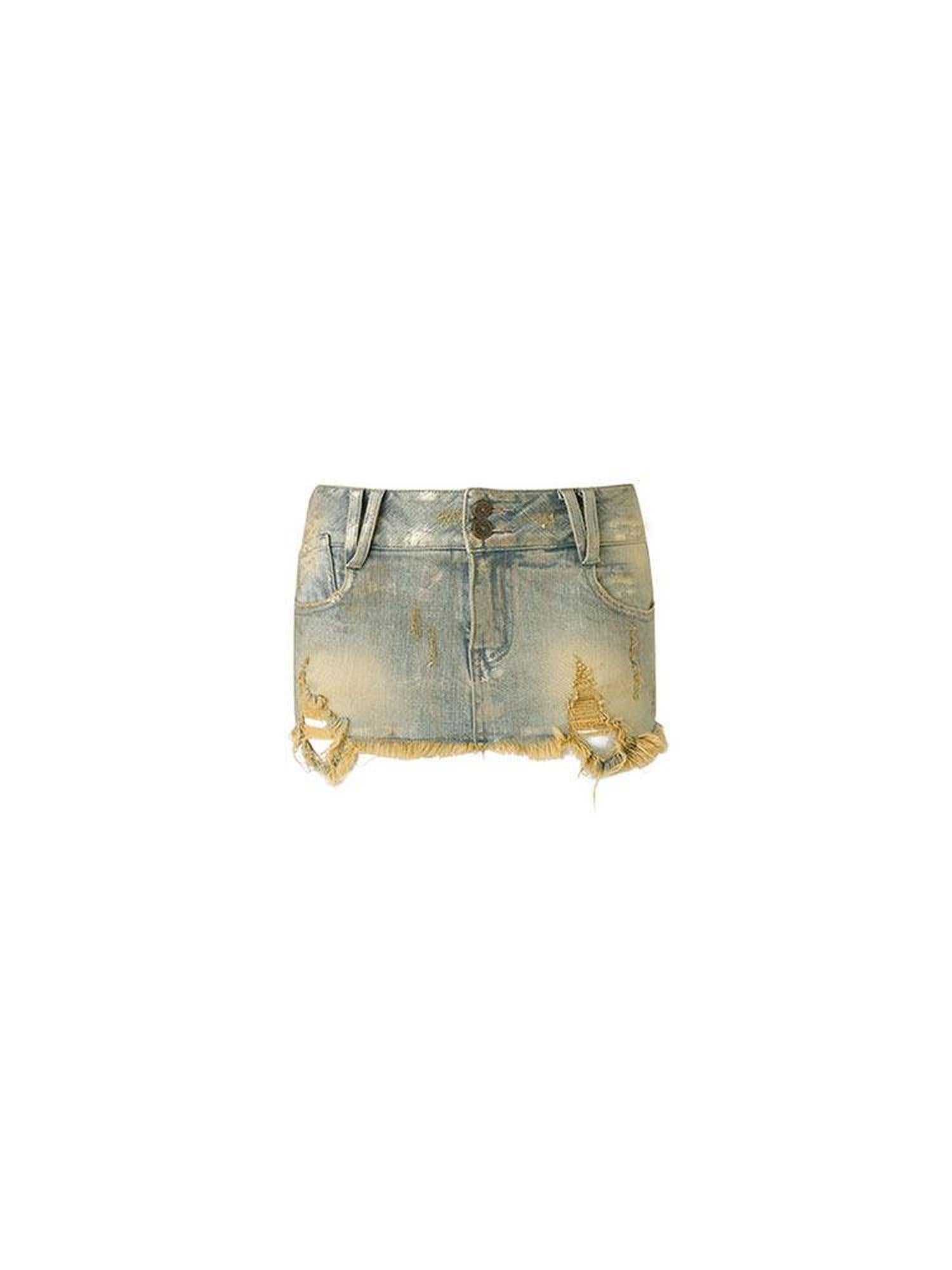 1JINN STUDIO Washed Blue Distressed Low Waist Slim Fit Zipper Women Denim Mini Skirts