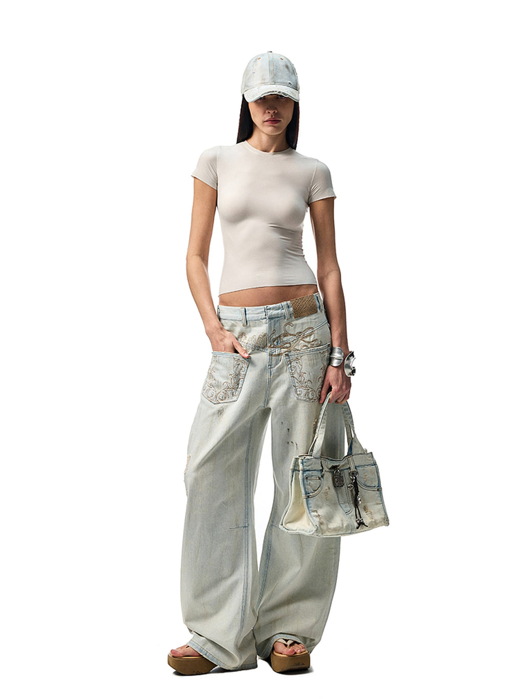 1JINN STUDIO Washed Distressed Low Rise Loose Casual Women Light Colors Wide Leg Pants