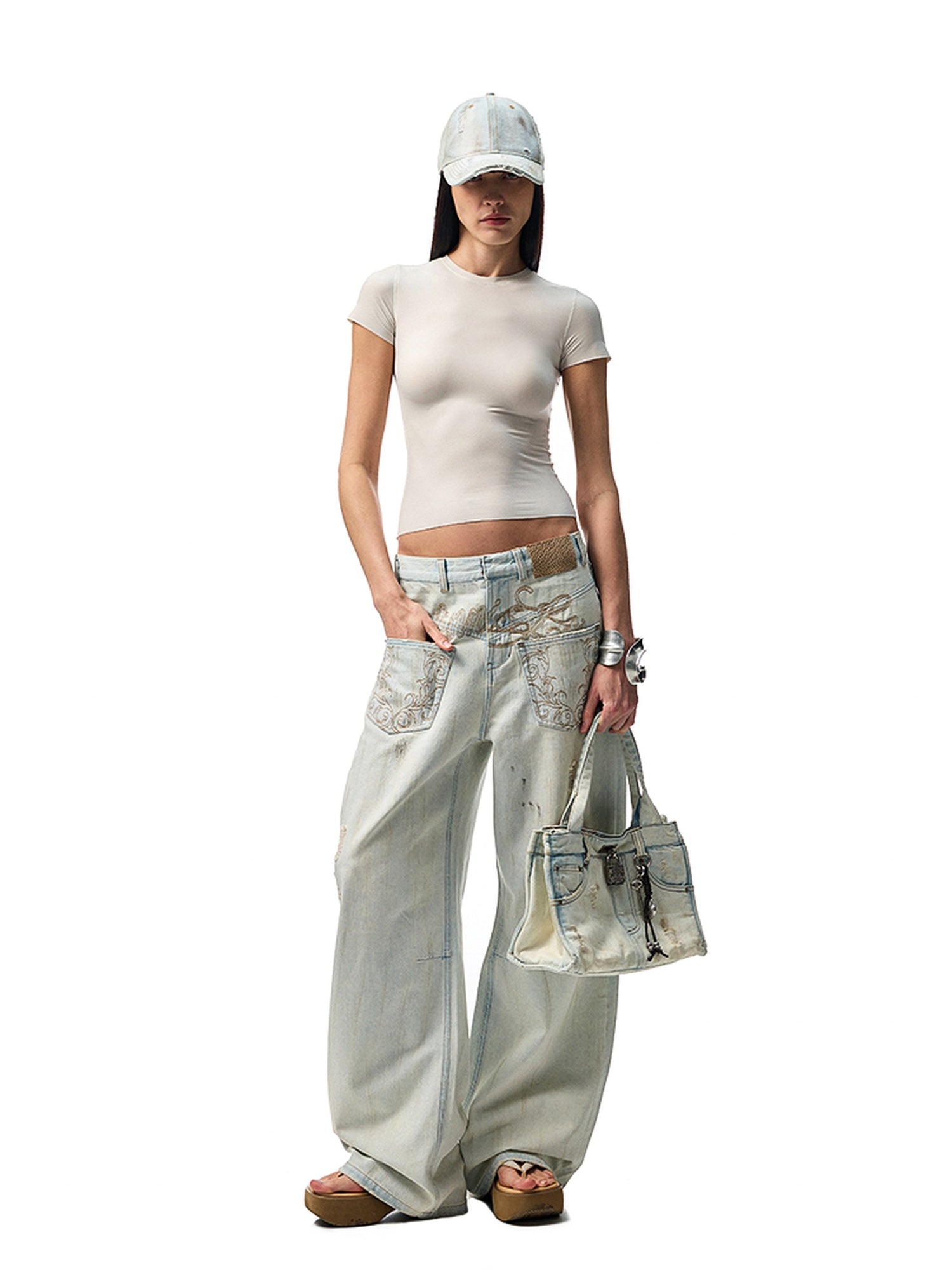 1JINN STUDIO Washed Distressed Low Rise Loose Casual Women Light Colors Wide Leg Pants