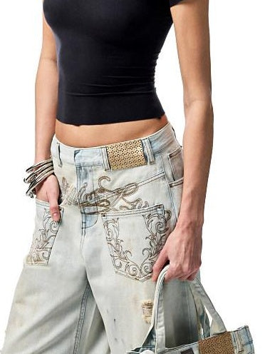 1JINN STUDIO Washed Distressed Low Rise Loose Casual Women Light Colors Wide Leg Pants