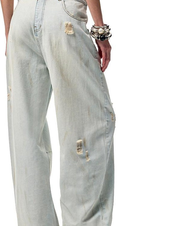 1JINN STUDIO Washed Distressed Low Rise Loose Casual Women Light Colors Wide Leg Pants
