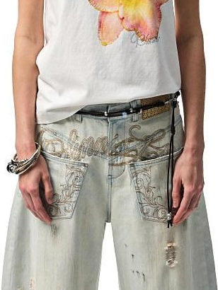 1JINN STUDIO Washed Distressed Low Rise Loose Casual Women Light Colors Wide Leg Pants