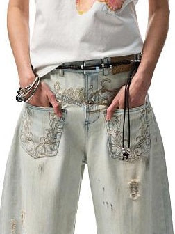 1JINN STUDIO Washed Distressed Low Rise Loose Casual Women Light Colors Wide Leg Pants