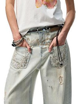 1JINN STUDIO Washed Distressed Low Rise Loose Casual Women Light Colors Wide Leg Pants