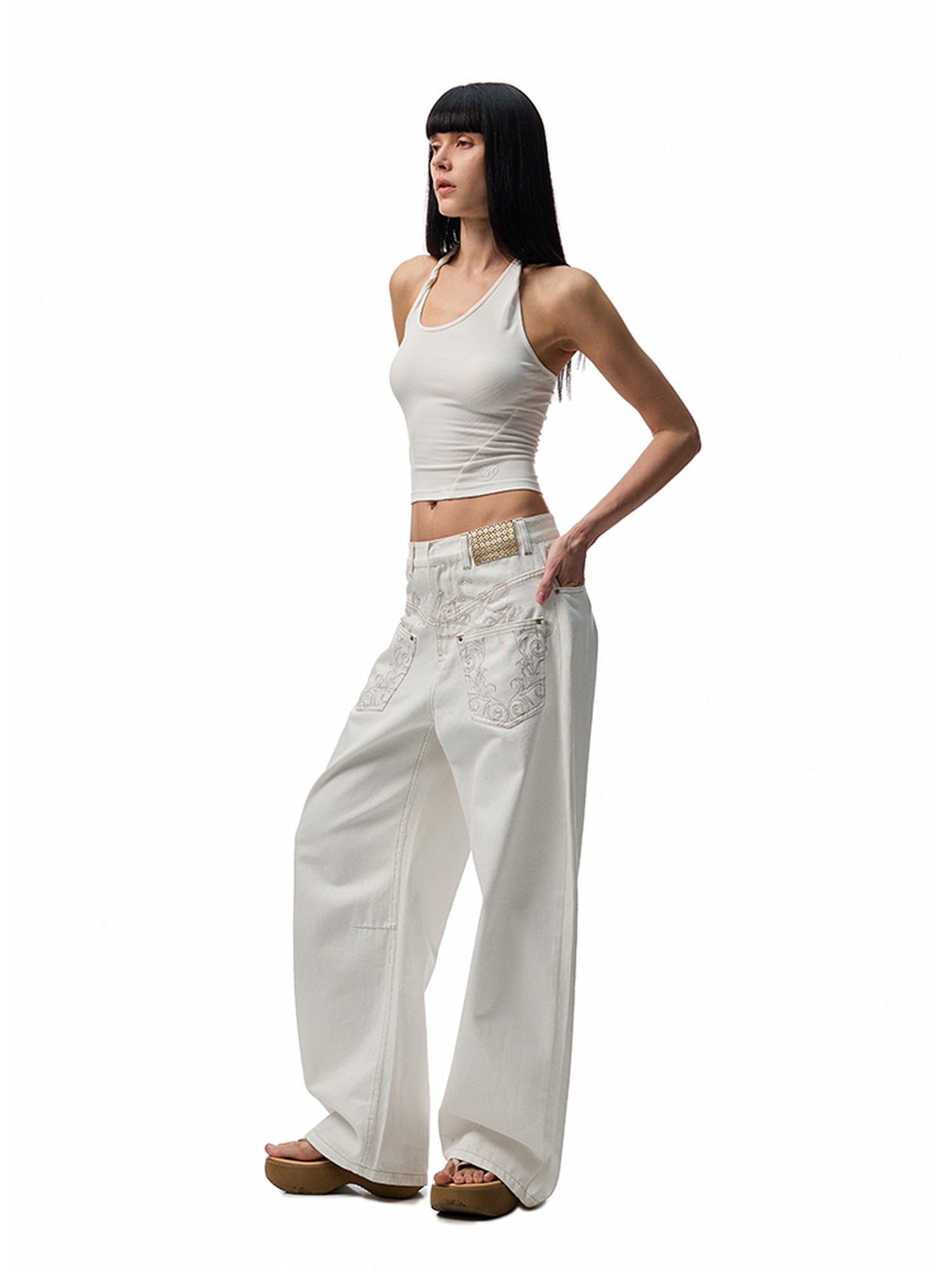 1JINN STUDIO Washed Distressed Low Rise Loose Casual Women Light Colors Wide Leg Pants