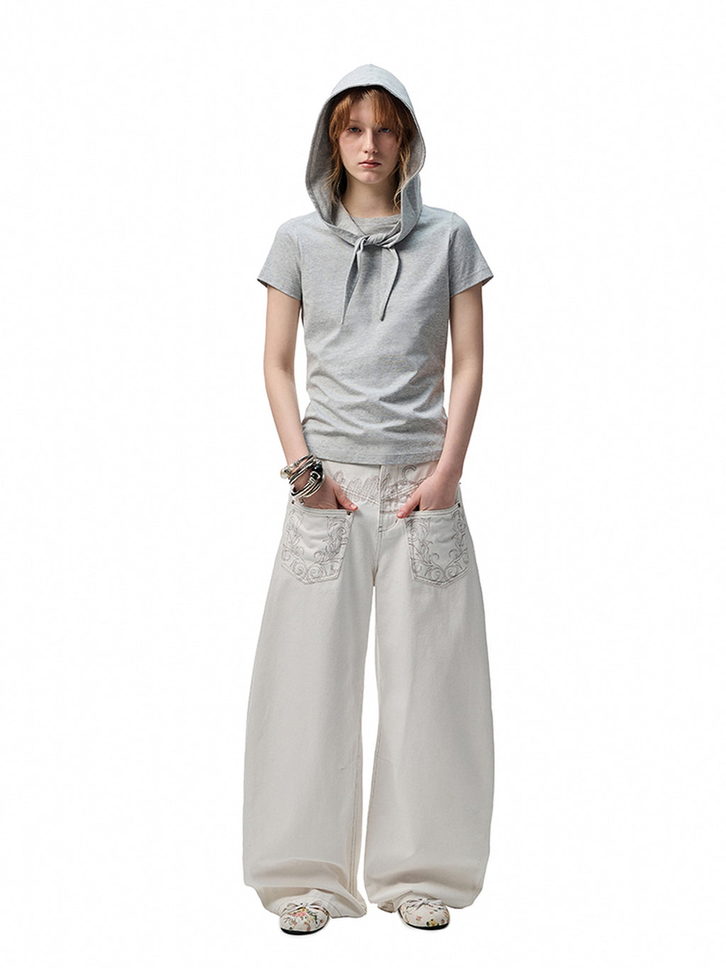 1JINN STUDIO Washed Distressed Low Rise Loose Casual Women Light Colors Wide Leg Pants