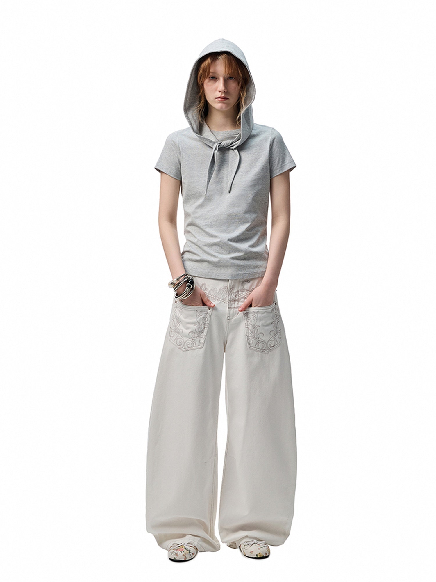 1JINN STUDIO Washed Distressed Low Rise Loose Casual Women Light Colors Wide Leg Pants