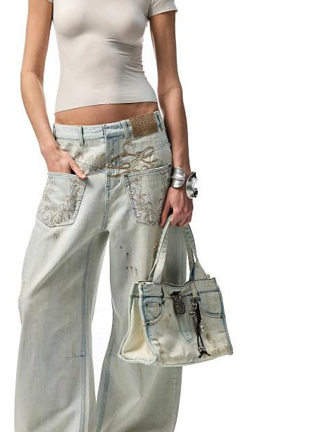 1JINN STUDIO Washed Distressed Low Rise Loose Casual Women Light Colors Wide Leg Pants