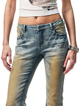 1JINN STUDIO Washed Low Waist Slim Fit Casual Hand Mud Dye Denim Blue Flared Jeans