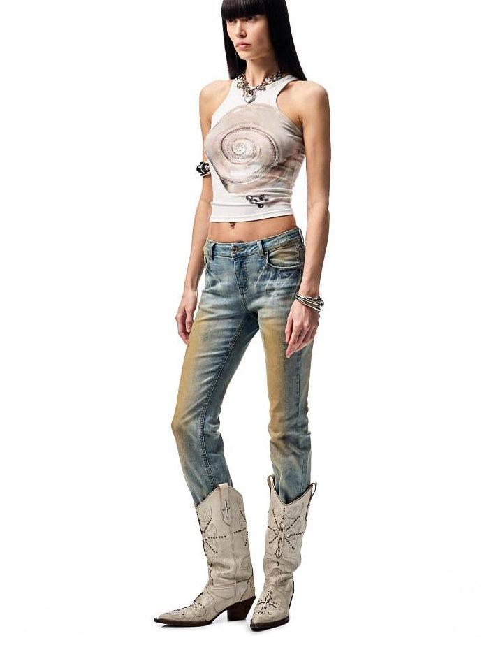 1JINN STUDIO Washed Low Waist Slim Fit Casual Hand Mud Dye Denim Blue Flared Jeans