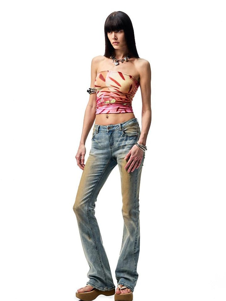 1JINN STUDIO Washed Low Waist Slim Fit Casual Hand Mud Dye Denim Blue Flared Jeans
