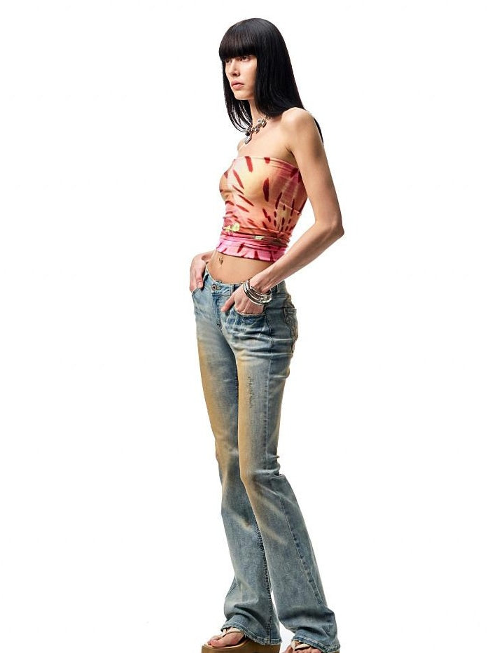 1JINN STUDIO Washed Low Waist Slim Fit Casual Hand Mud Dye Denim Blue Flared Jeans