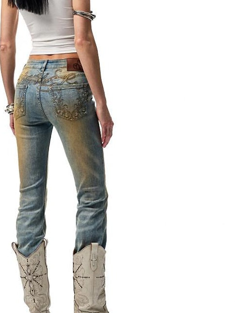 1JINN STUDIO Washed Low Waist Slim Fit Casual Hand Mud Dye Denim Blue Flared Jeans