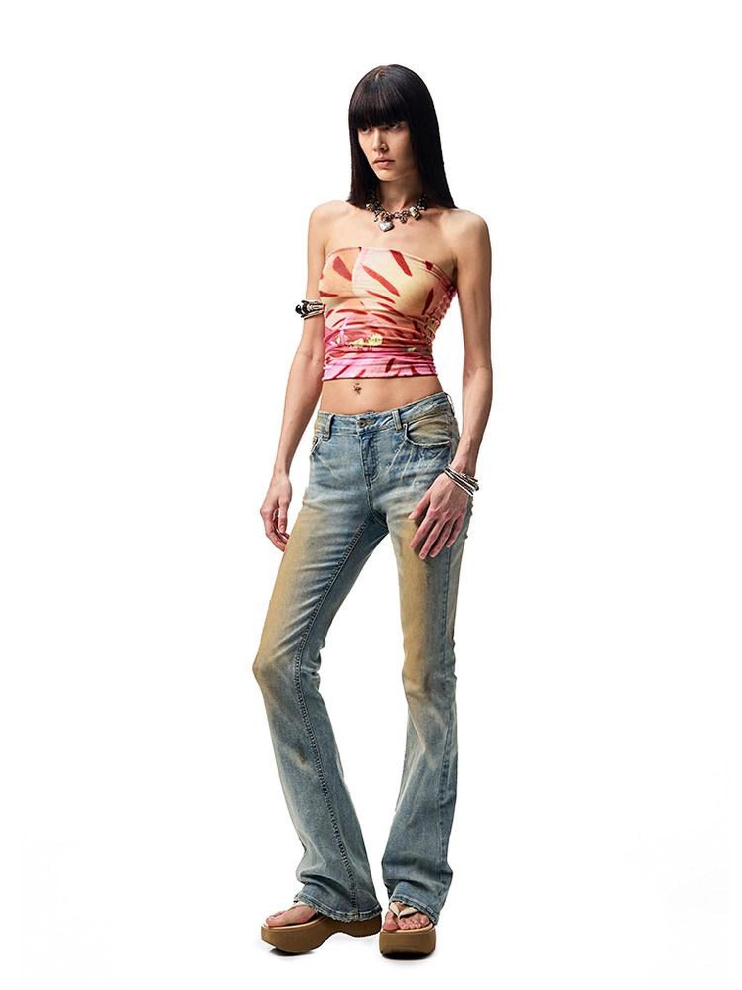 1JINN STUDIO Washed Low Waist Slim Fit Casual Hand Mud Dye Denim Blue Flared Jeans
