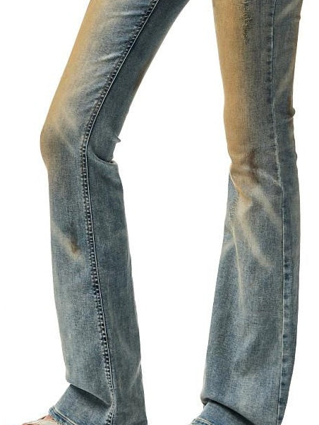 1JINN STUDIO Washed Low Waist Slim Fit Casual Hand Mud Dye Denim Blue Flared Jeans