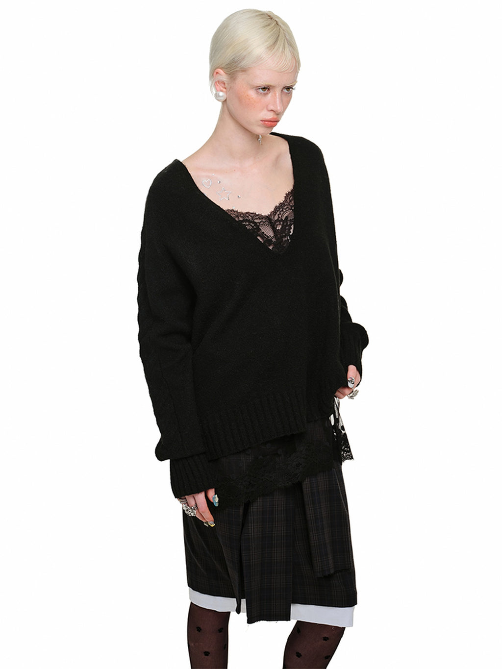 1JINN STUDIO Wool Blend V-neck Relaxed Fit Office Casual Women Long Sleeve Knit Sweaters