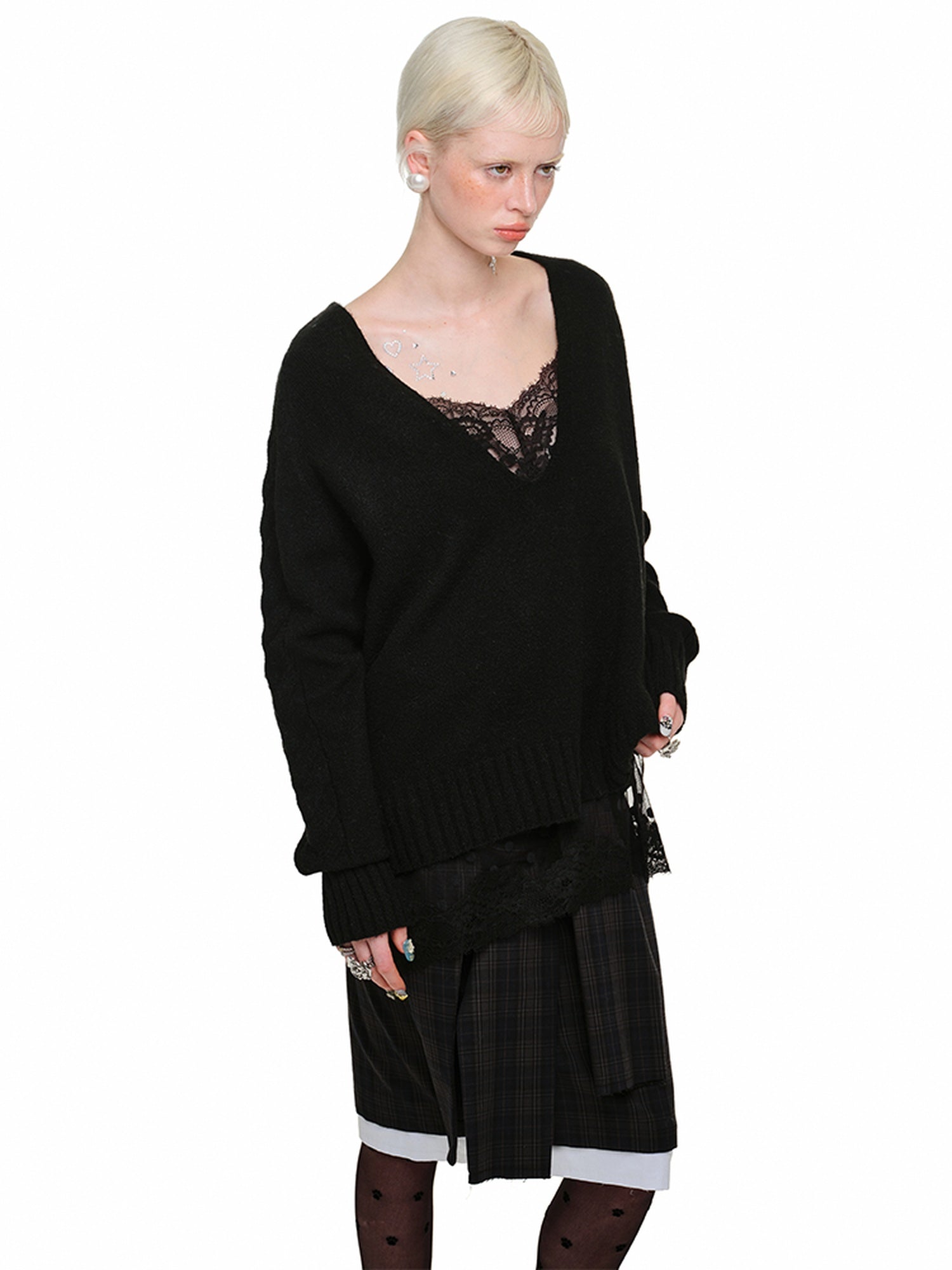 1JINN STUDIO Wool Blend V-neck Relaxed Fit Office Casual Women Long Sleeve Knit Sweaters