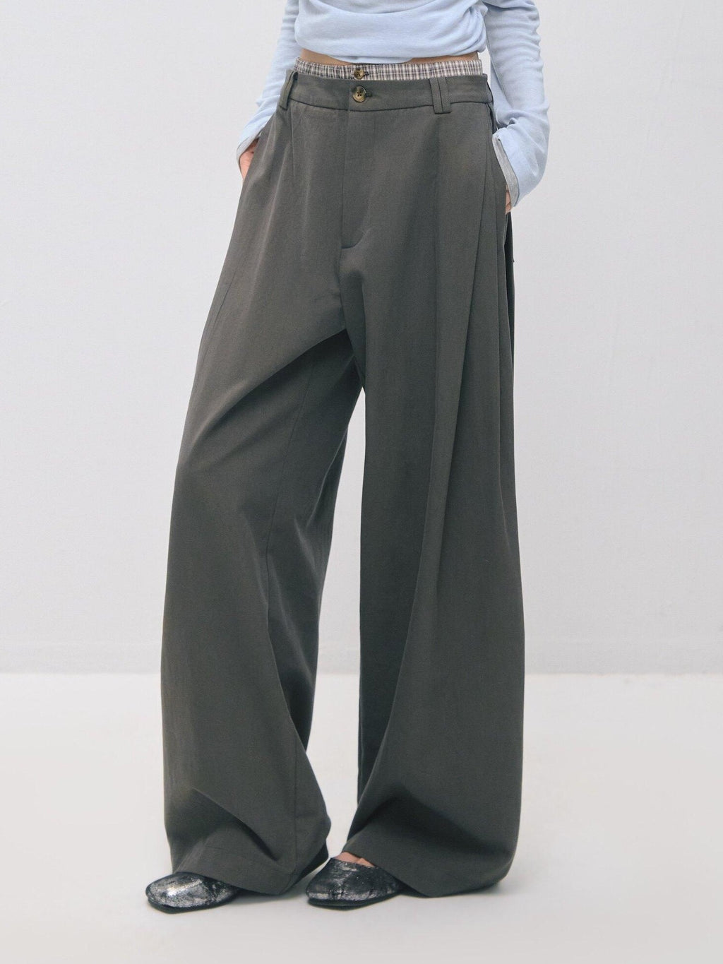 SOMESOWE Drawstring Pocket Relaxed Natural Waist Women Solid Khaki Grey Wide Leg Pants
