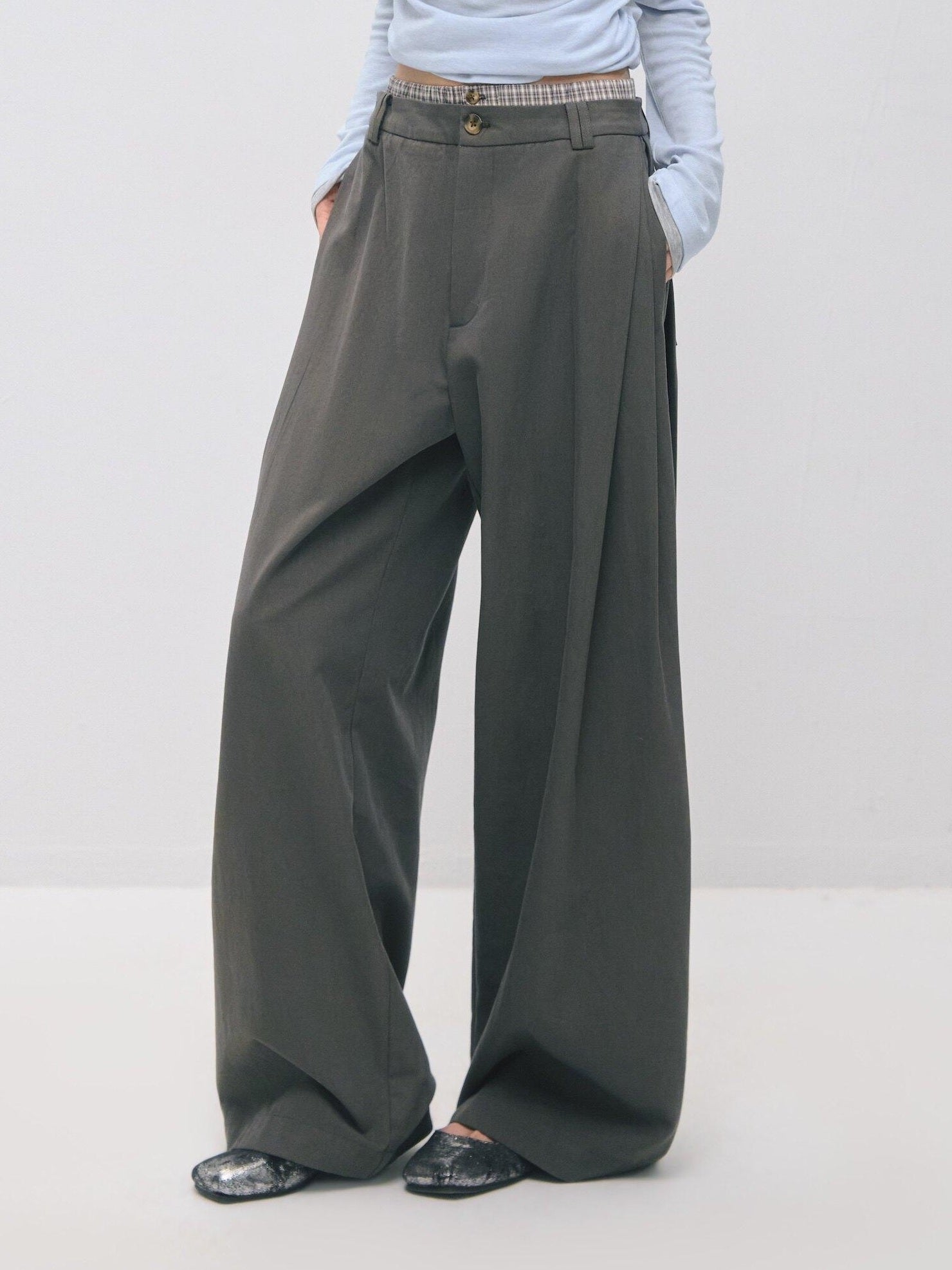 SOMESOWE Drawstring Pocket Relaxed Natural Waist Women Solid Khaki Grey Wide Leg Pants