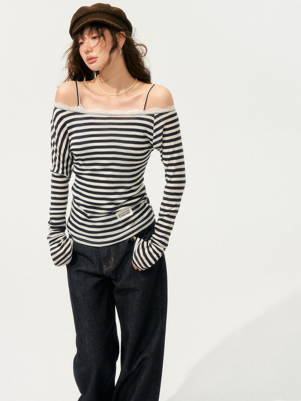 SOMESOWE Lyocell Blend Oversized Commuter Creative Navy Striped Women Long Sleeve T-Shirts