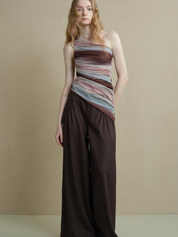 someonesometimes Breathable Tie Dye Stripe Print Slim Fit Versatile Women Off Shoulder Crop Tops