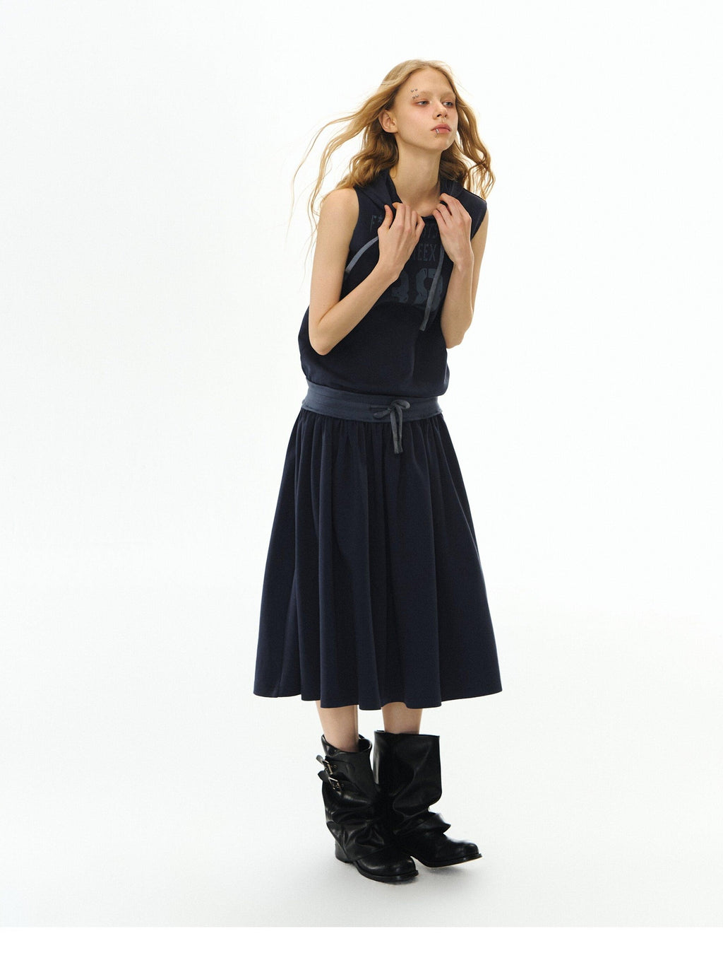 DeleteEx Soft Cotton Blend Elastic Waist Insta Sleeveless Printed Vest Navy Midi Dresses