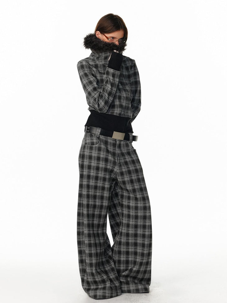 ALINNVSTUDIO Plaid Low Rise Loose American Style Zipper Front Women Wide Leg Pants