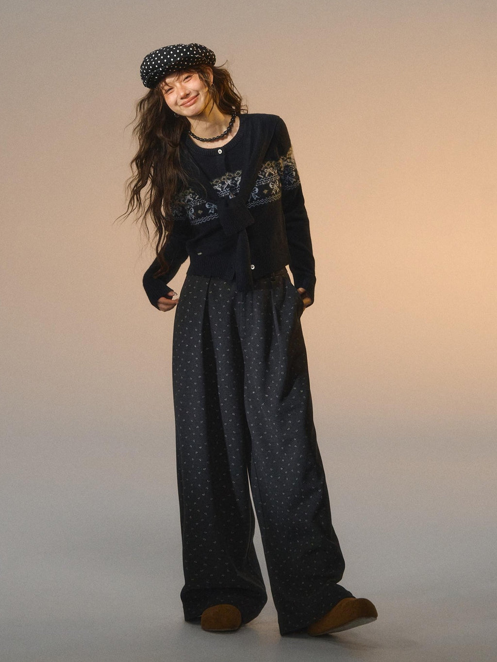 SOMESOWE Minimal Commuter V-neck Button Bow Detail Layered Look Women Navy Knit Cardigans