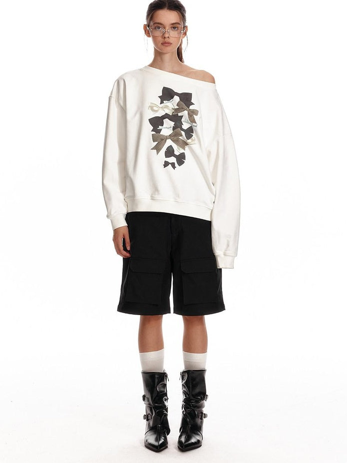 ALINNVSTUDIO Bow Accent Loose Fit Office Round Neck Women White And Gray Sweatshirt
