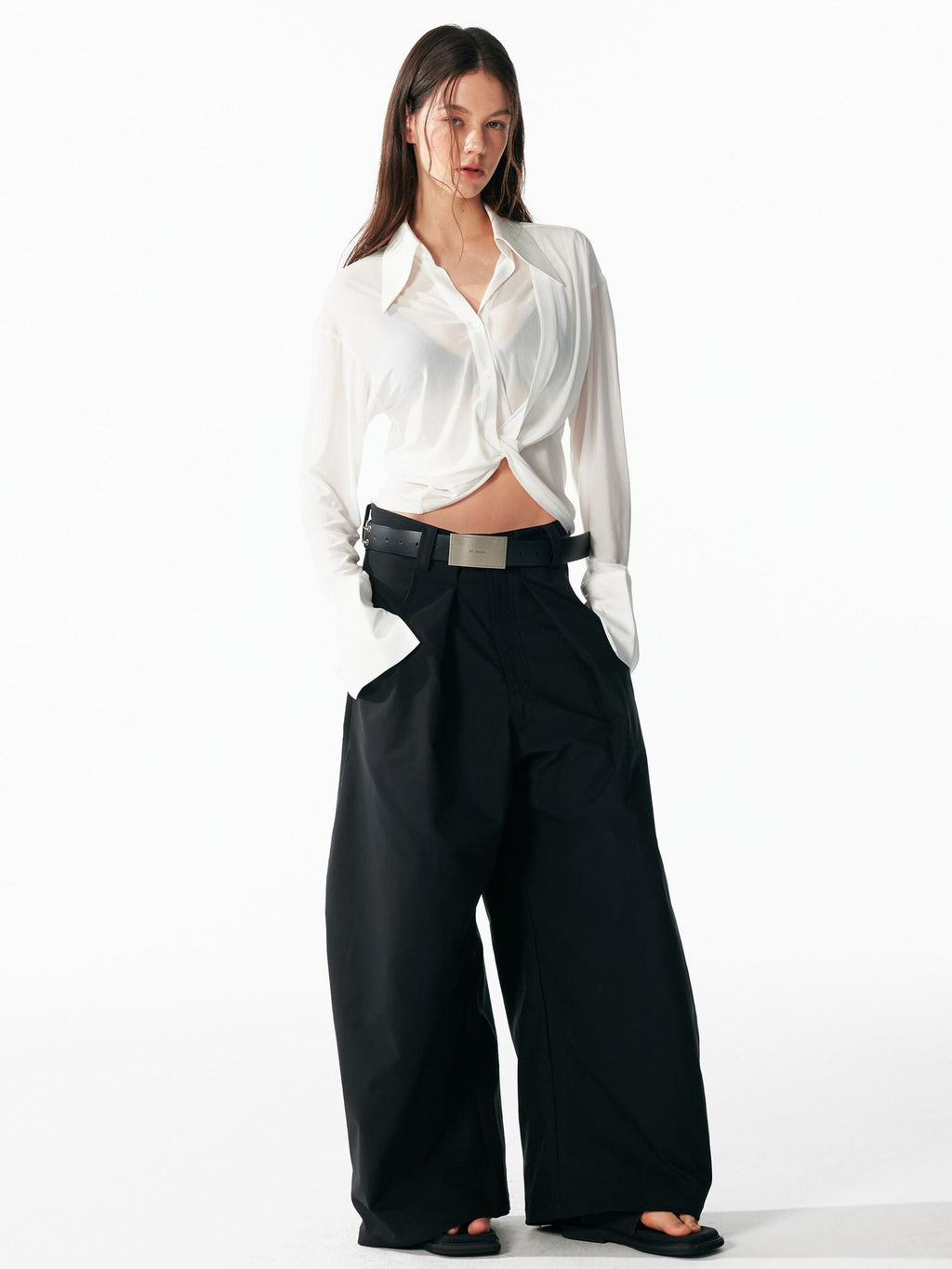 ALINNVSTUDIO Cooling Lightweight Breathable Asymmetric V-neck Slim Fit Open Front Women Blouses
