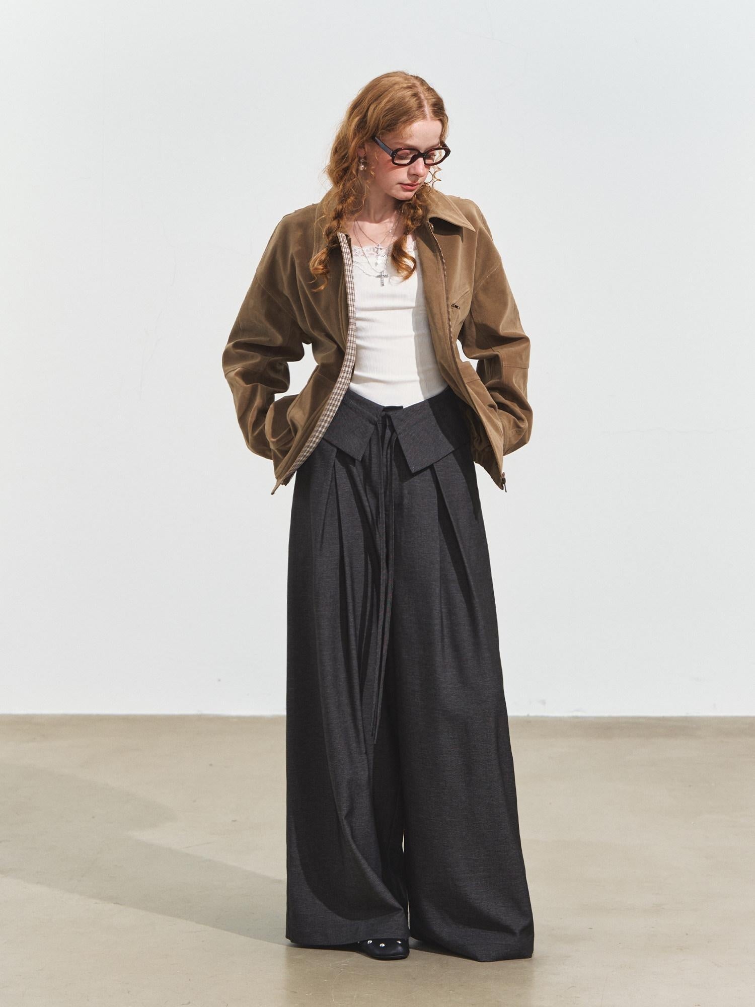 SOMESOWE Original Plaid Pocket Natural Waist Loose Women Casual Gray Straight Pants