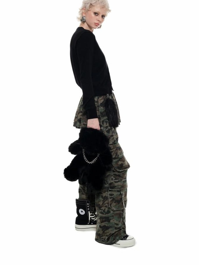 1JINN STUDIO Low Waist Pleated A Line Patchwork Camo Streetwear Women Mini Skirts